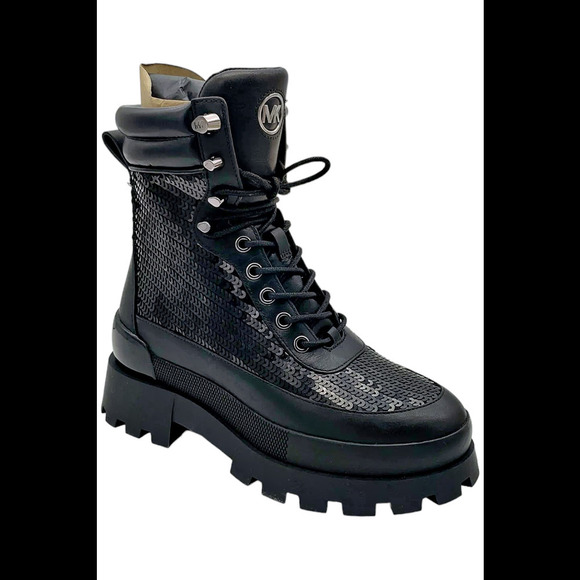 Michael Kors Women's Rowan Embellished Leather Lace-Up Boot Black - Medium - Picture 1 of 3